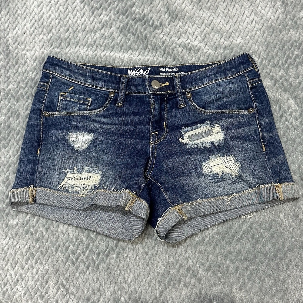 Mossimo Women's 0/24 Mid Rise Midi Dark Blue Jean Denim Cuffed Distressed Shorts